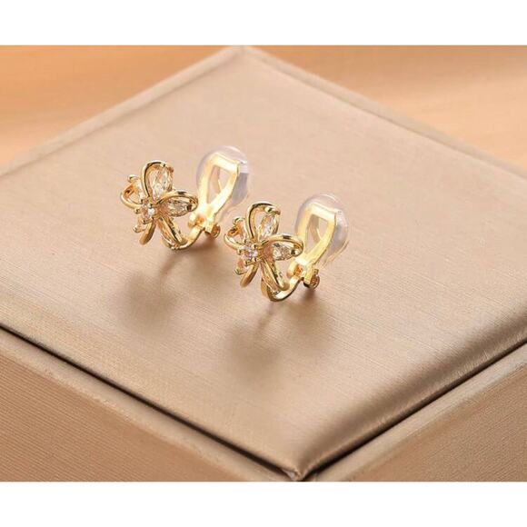 Clip on 1/2" small gold clear stone flower button style earrings - Picture 2 of 4